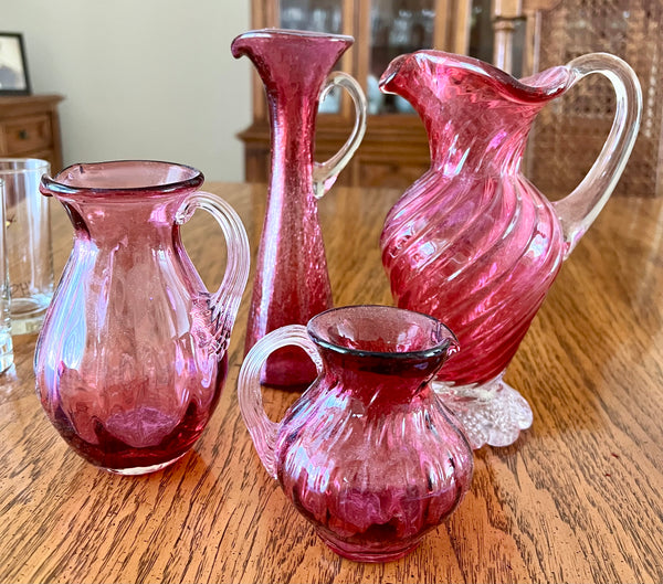 Pilgrim Glass Set of 4 Cranberry Glass Pitchers of Varying Heights