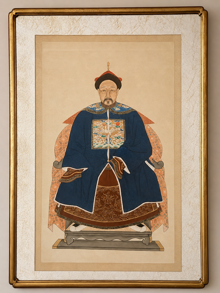 Antique Chinese Qing Dynasty Ancestor Portrait of a Civil Official, Framed Under Archival Glass