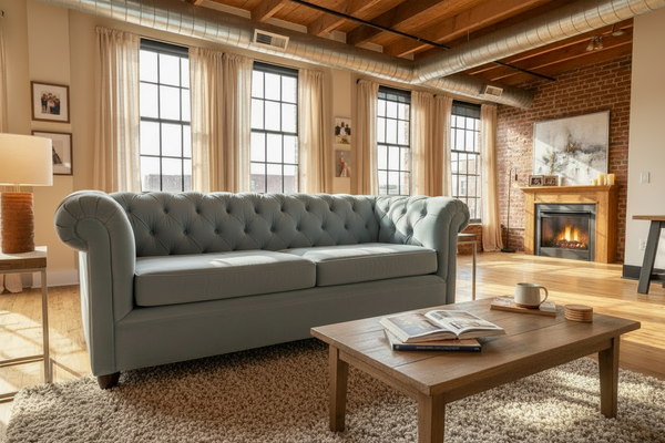 Pottery Barn Chesterfield Roll‑Arm Upholstered Sofa - Steel Blue Everyday Velvet Fabric
