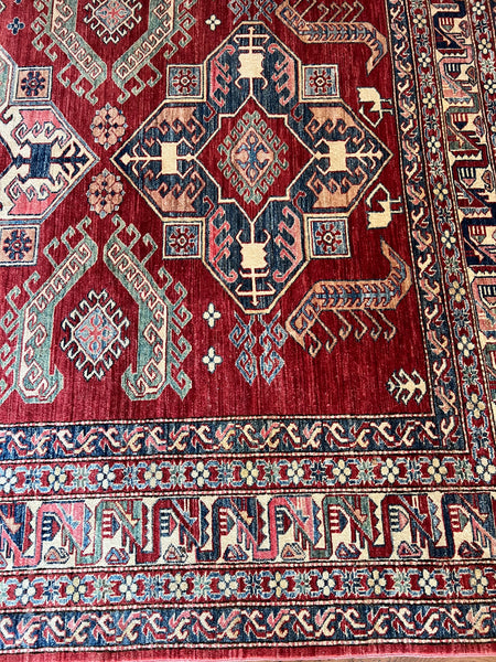 Ivory and Red Kazak Tribal Area Rug
