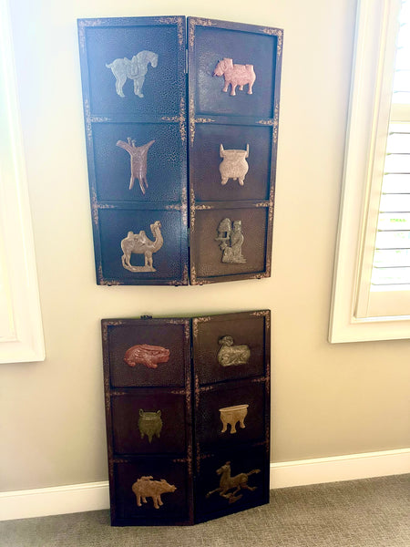 Vintage Asian Four Panel Wall Hanging or Tabletop Screen with Carved Soapstone