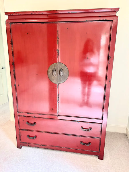 Red Lacquered Chinese Armoire Wedding Cabinet