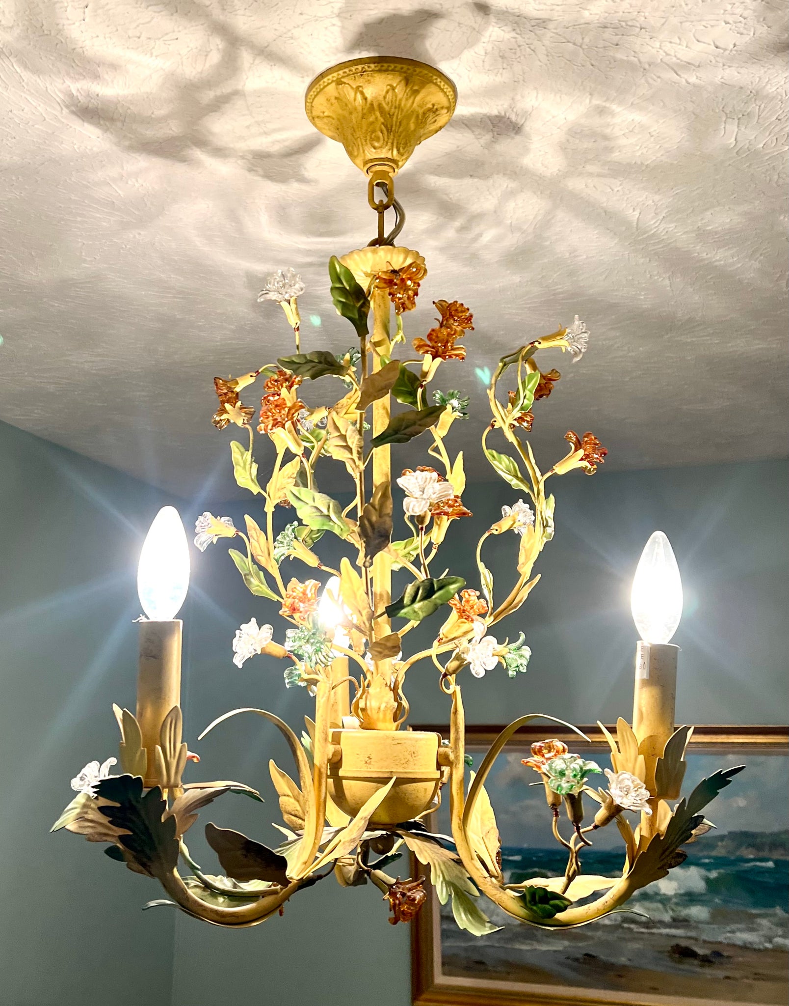 Vintage Italian Tole Metal Floral Chandelier