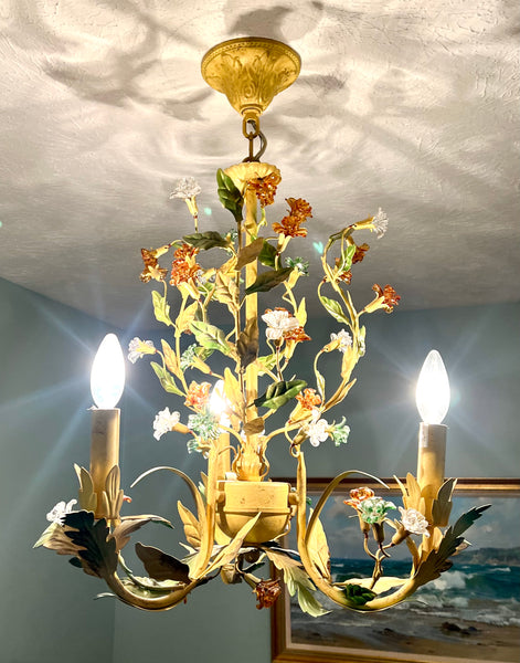 Vintage Italian Tole Metal Floral Chandelier