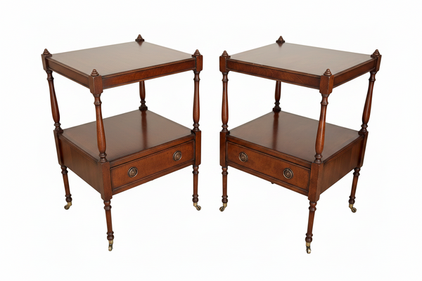 Pair of Antique Regency Style Mahogany Two-Tier End Tables with Brass Casters