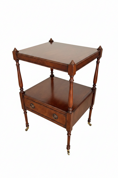 Pair of Antique Regency Style Mahogany Two-Tier End Tables with Brass Casters