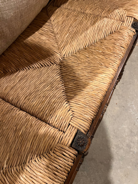 French Country Wicker Rush and Ladderback Triple Seat Bench with Cushion