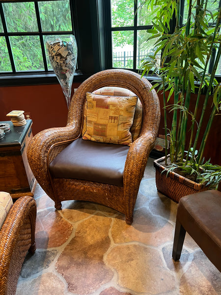 Pair of Pottery Barn Malabar Rattan Chairs and Ottoman