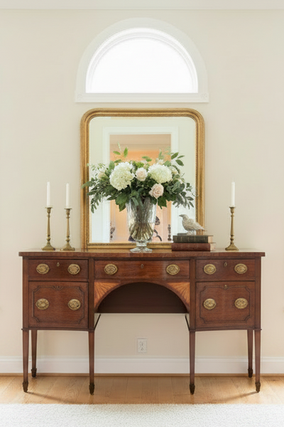 18th C George III Serpentine Mahogany Sideboard with Satinwood Fan Inlay and Side Cellarette c. 1790 from England