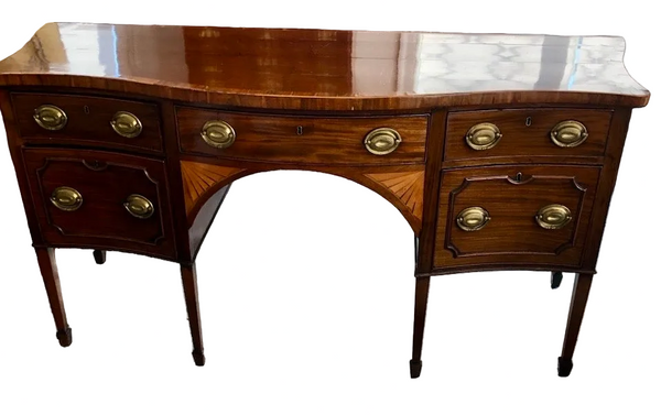 18th C George III Serpentine Mahogany Sideboard with Satinwood Fan Inlay and Side Cellarette c. 1790 from England
