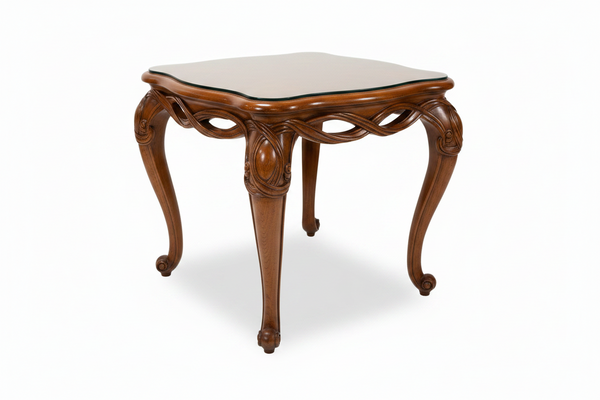 HENREDON Carved Walnut French Provincial Side Table with Glass Top