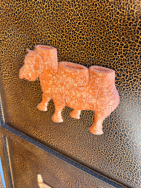 Vintage Asian Four Panel Wall Hanging or Tabletop Screen with Carved Soapstone