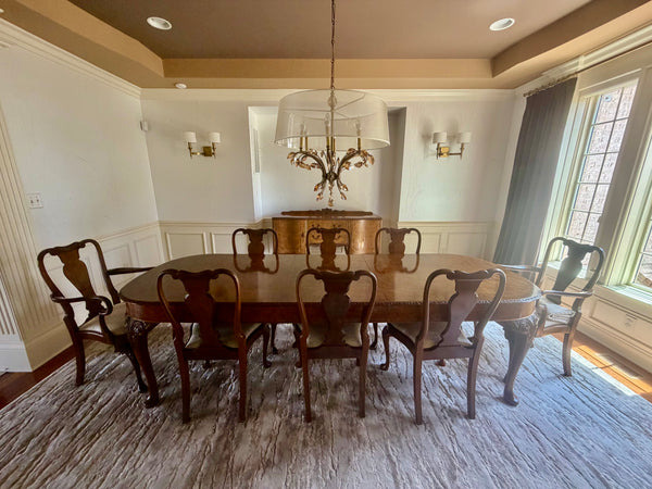 English Queen Anne Burl Walnut & Mahogany 9-Piece Dining Suite