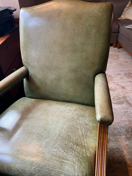 Vintage Green Leather Mahogany Office Chair