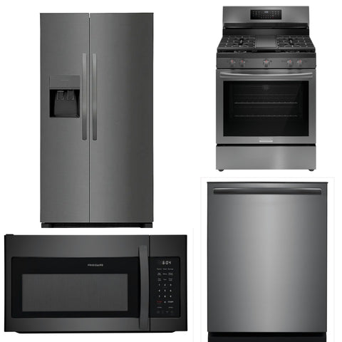 Frigidaire Gallery 4 Piece Black Stainless Appliance Set - Refrigerator, Dishwasher, Gas Range and Microwave