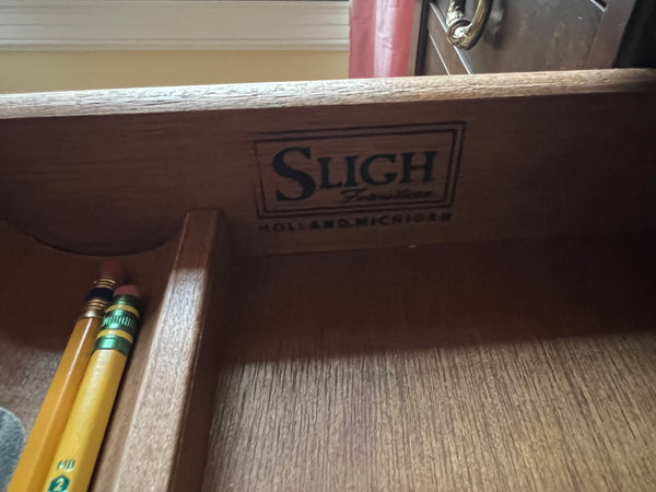 1980's Sligh Burled Walnut Brass Leg Leather Topped Desk