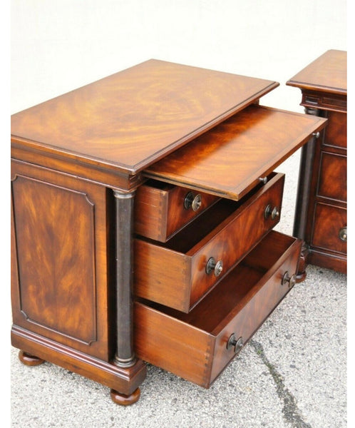 Pair of French Empire Style Column and Bun Feet 3 Drawers Nightstand Commodes