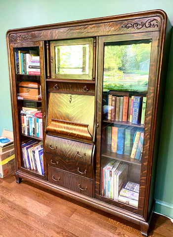 Antique Oak Double Bookcase Secretery