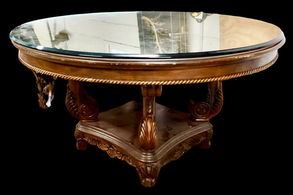 Round Solid Wood Dining or Center Table with Glass Top