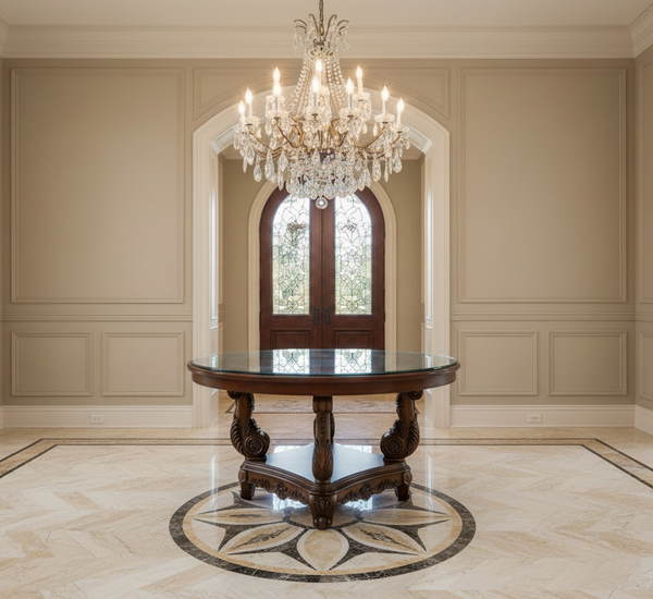 Round Solid Wood Dining or Center Table with Glass Top