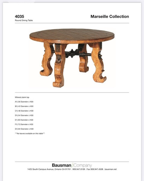 Bausman Company 60" Round Marseille Collection Dining Table