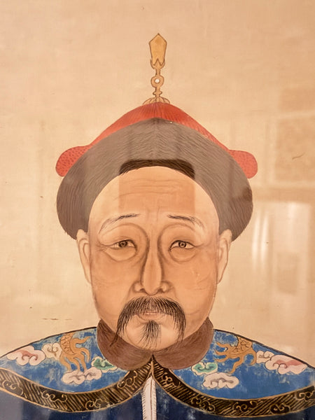 Antique Chinese Qing Dynasty Ancestor Portrait of a Civil Official, Framed Under Archival Glass
