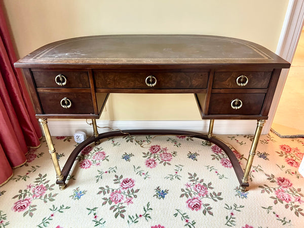 1980's Sligh Burled Walnut Brass Leg Leather Topped Desk