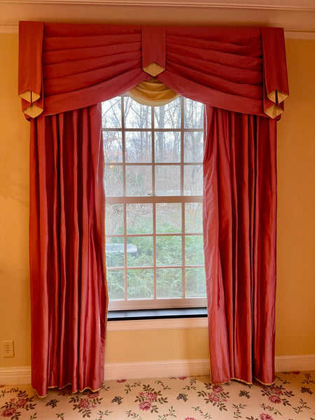 Pair of Silk Lined Curtains Drapes with Valance (3 Available)