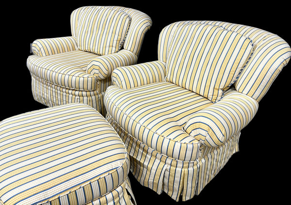 Pair of Pearson Yellow and Blue Occasional Chairs and Ottoman