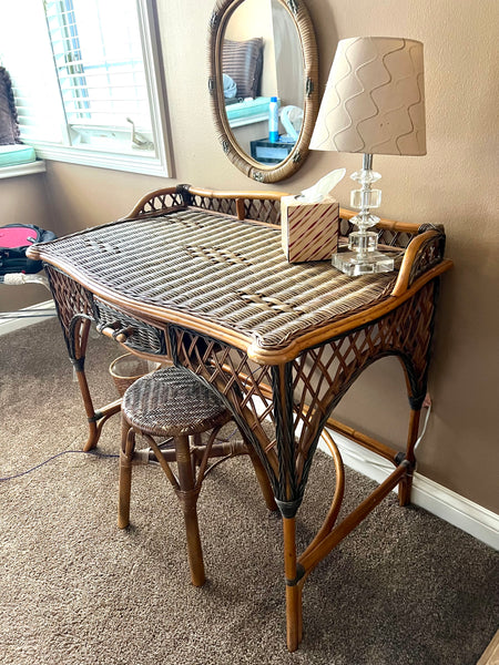 Rattan Desk Vanity, Stool and Mirror