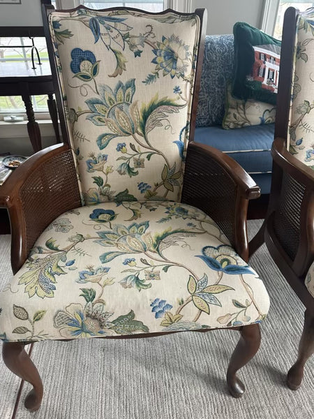 Pair of Queen Anne Style Chairs with Contrasting Pillows, Cane Arms and Scalloped Tops