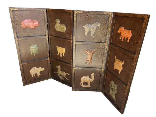 Vintage Asian Four Panel Wall Hanging or Tabletop Screen with Carved Soapstone