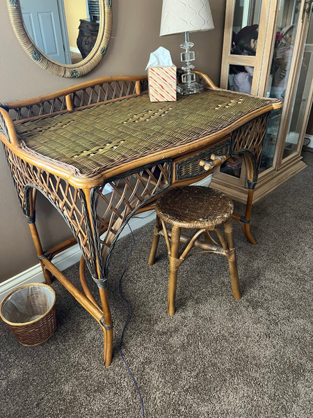 Rattan Desk Vanity, Stool and Mirror