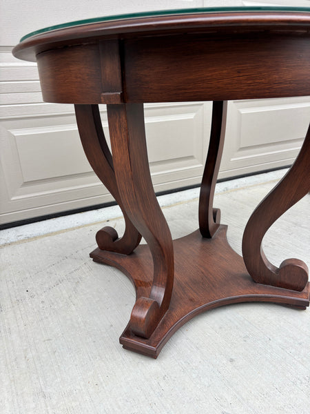 Vintage Regency Style Round End Table with Sculptural Lyre Base and Glass Top