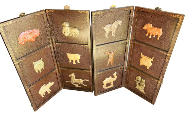 Vintage Asian Four Panel Wall Hanging or Tabletop Screen with Carved Soapstone