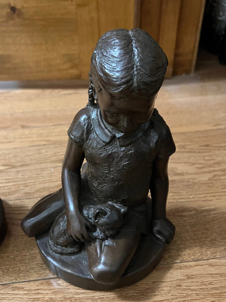 Pair of Charles Parks Bronze Figurines "Boy with Dog" and "Girl with Cat"