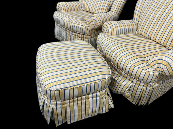 Pair of Pearson Yellow and Blue Occasional Chairs and Ottoman