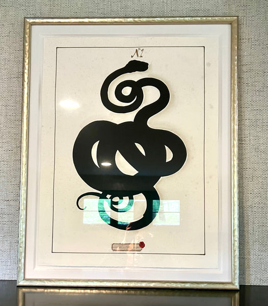 Set of 4 Serpent Snake Framed Original Art Behind Art Glass