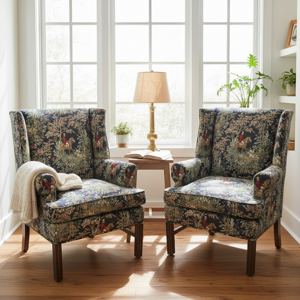 Pair of English Country Hunt Scene Wingback Chairs in Fox Hunt Upholstery