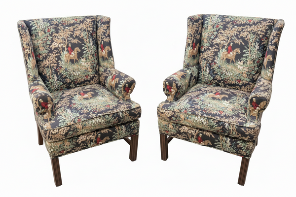 Pair of English Country Hunt Scene Wingback Chairs in Fox Hunt Upholstery
