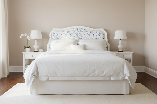 White Painted Queen Custom Bennison Fabric Headboard in Bennison Fabrics Chinese Paper II Fabric