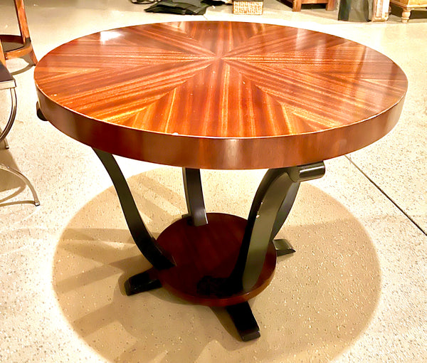 Round Art Deco Walnut & Black Lacquer Gueridon Side Table