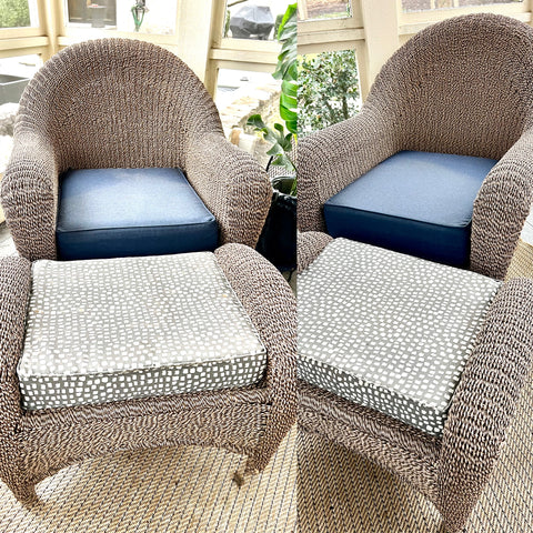 Pair of Outdoor Patio Rattan Club Chairs with Ottomans