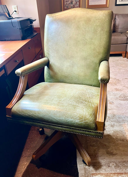 Vintage Green Leather Mahogany Office Chair