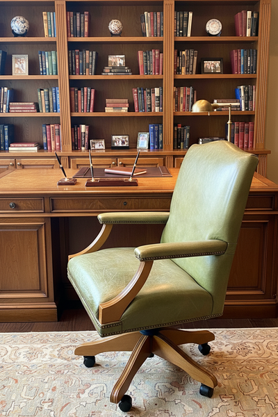 Vintage Green Leather Mahogany Office Chair