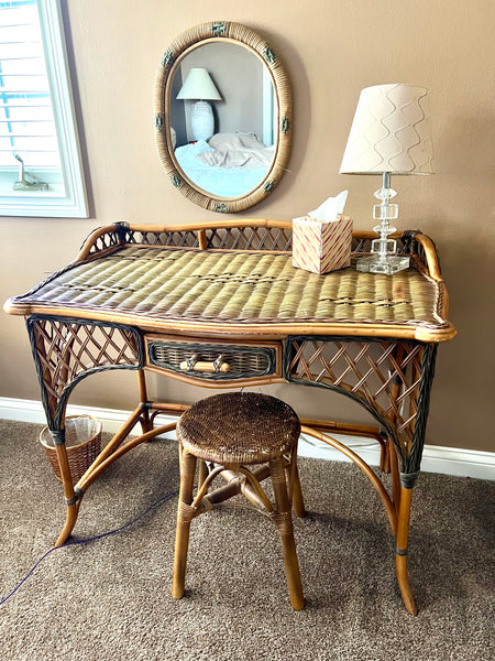 Rattan Desk Vanity, Stool and Mirror