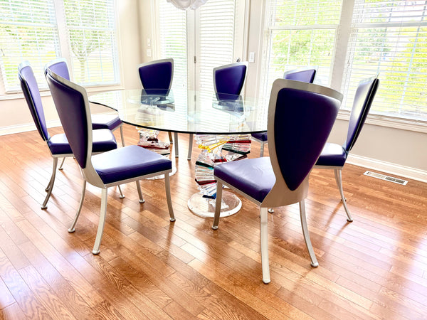 Postmodern 1980s Shlomi Haziza Stacked Multi color Acrylic Helix Dining Table - Set of 3 and Custom Kidney Shaped Glass Top
