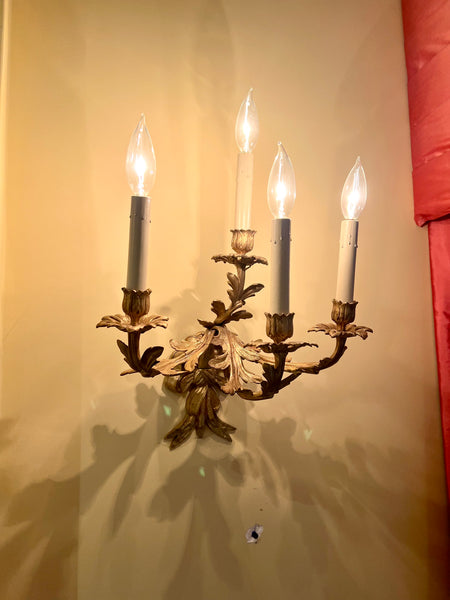 Pair of Louis XV Style Brass 4 Light Antique Sconces