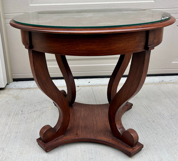 Vintage Regency Style Round End Table with Sculptural Lyre Base and Glass Top