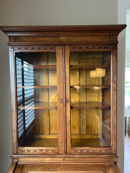 Victorian Antique Burled Walnut Roll Top Secretary Desk, Bookcase